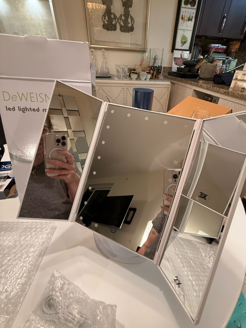 DeWeisn Tabletop Tri-Fold Lighted Vanity Mirror and 3X/2X/1X Magnification